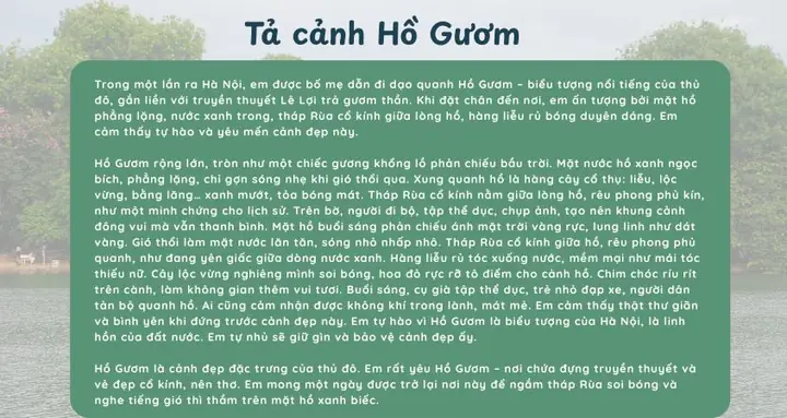 Bài Văn Tả Cảnh Hồ Gươm: Khung Cảnh Tuyệt Đẹp Giữa Lòng Hà Nội (lớp 5 & Mẫu Hay) Bài Văn Tả Cảnh Hồ Gươm: Khung Cảnh Tuyệt Đẹp Giữa Lòng Hà Nội (lớp 5 & Mẫu Hay)